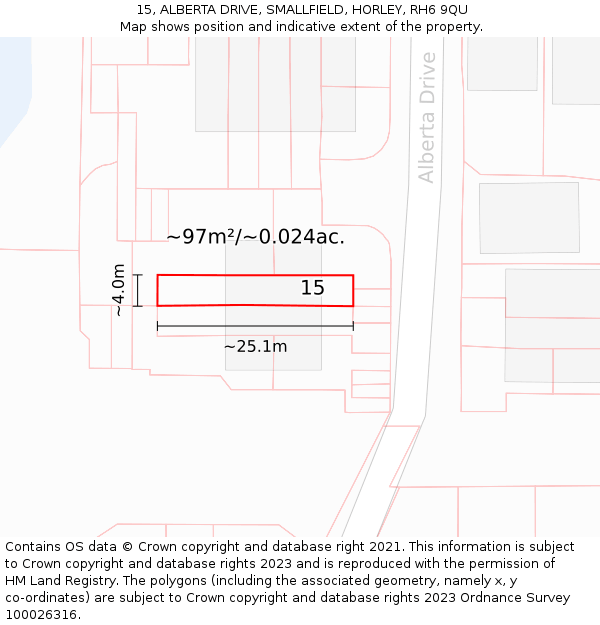 15, ALBERTA DRIVE, SMALLFIELD, HORLEY, RH6 9QU: Plot and title map
