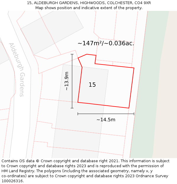 15, ALDEBURGH GARDENS, HIGHWOODS, COLCHESTER, CO4 9XR: Plot and title map