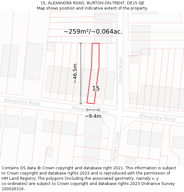 15, ALEXANDRA ROAD, BURTON-ON-TRENT, DE15 0JE: Plot and title map