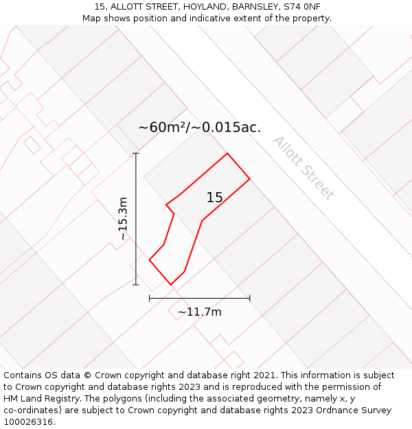 15, ALLOTT STREET, HOYLAND, BARNSLEY, S74 0NF: Plot and title map