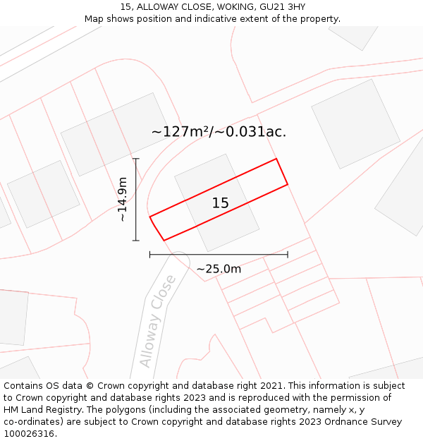15, ALLOWAY CLOSE, WOKING, GU21 3HY: Plot and title map