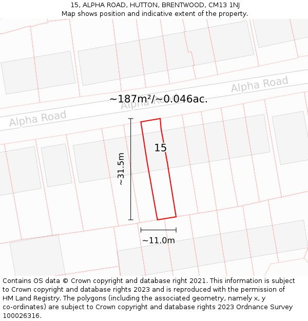 15, ALPHA ROAD, HUTTON, BRENTWOOD, CM13 1NJ: Plot and title map