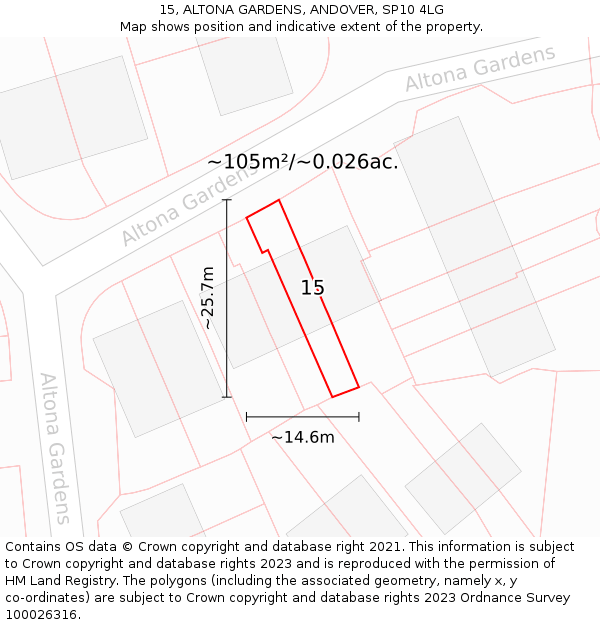 15, ALTONA GARDENS, ANDOVER, SP10 4LG: Plot and title map