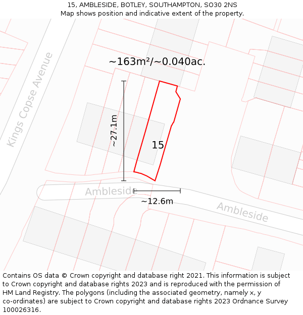 15, AMBLESIDE, BOTLEY, SOUTHAMPTON, SO30 2NS: Plot and title map