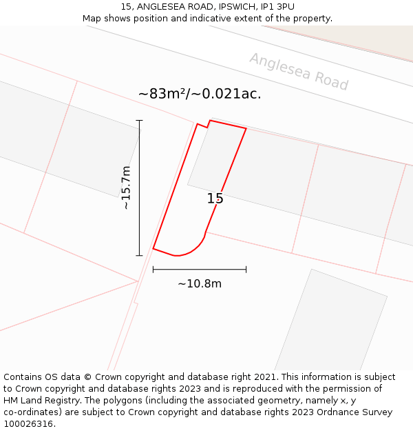 15, ANGLESEA ROAD, IPSWICH, IP1 3PU: Plot and title map
