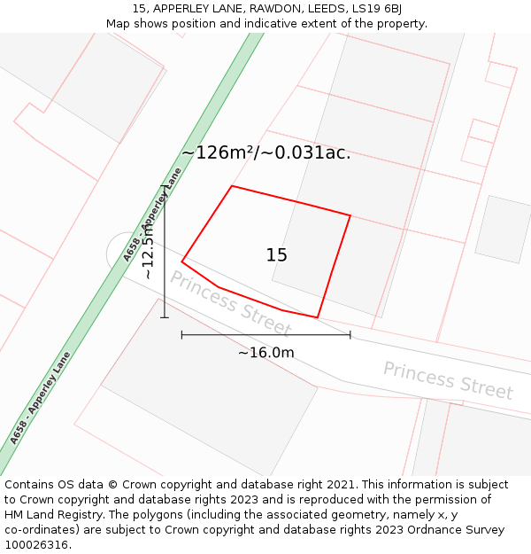 15, APPERLEY LANE, RAWDON, LEEDS, LS19 6BJ: Plot and title map