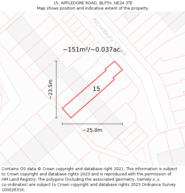 15, APPLEDORE ROAD, BLYTH, NE24 3TE: Plot and title map