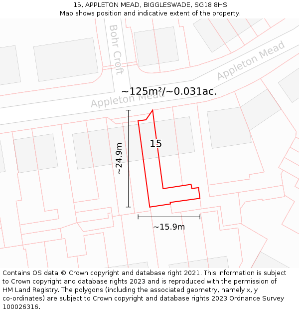 15, APPLETON MEAD, BIGGLESWADE, SG18 8HS: Plot and title map