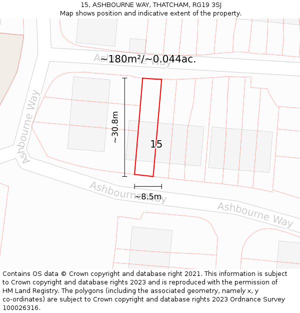 15, ASHBOURNE WAY, THATCHAM, RG19 3SJ: Plot and title map