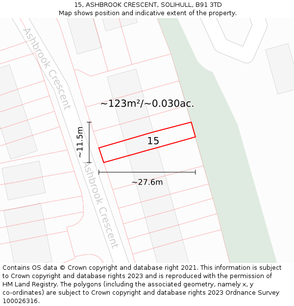 15, ASHBROOK CRESCENT, SOLIHULL, B91 3TD: Plot and title map