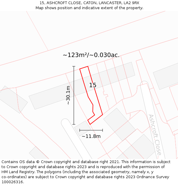 15, ASHCROFT CLOSE, CATON, LANCASTER, LA2 9RX: Plot and title map