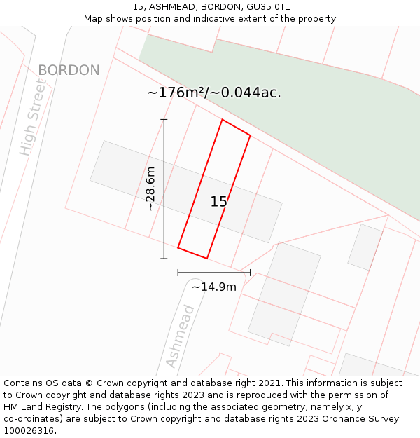 15, ASHMEAD, BORDON, GU35 0TL: Plot and title map