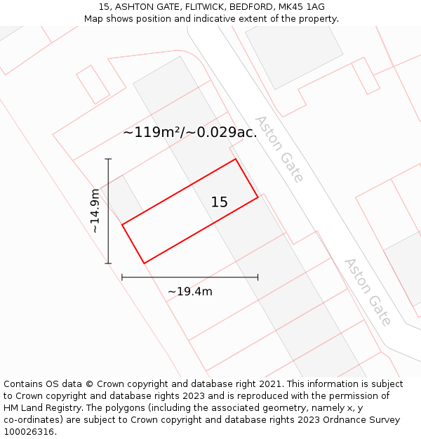 15, ASHTON GATE, FLITWICK, BEDFORD, MK45 1AG: Plot and title map