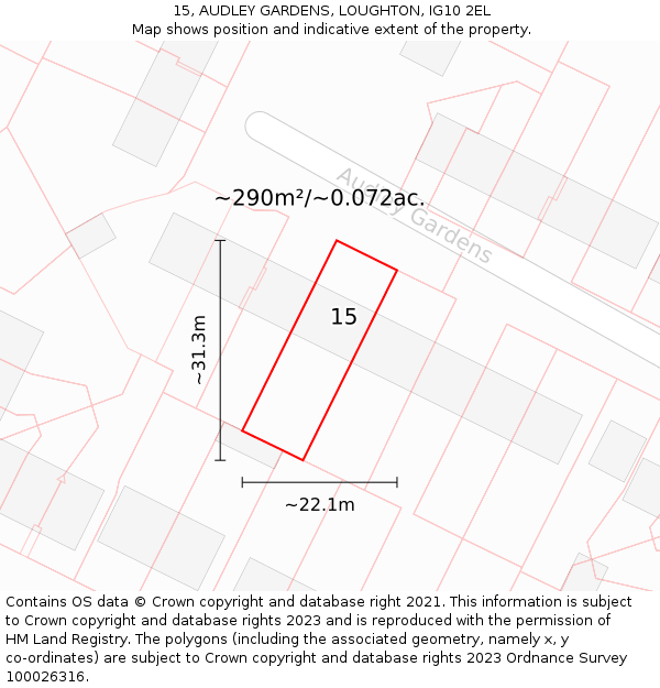 15, AUDLEY GARDENS, LOUGHTON, IG10 2EL: Plot and title map
