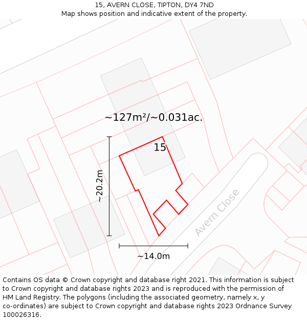 15, AVERN CLOSE, TIPTON, DY4 7ND: Plot and title map