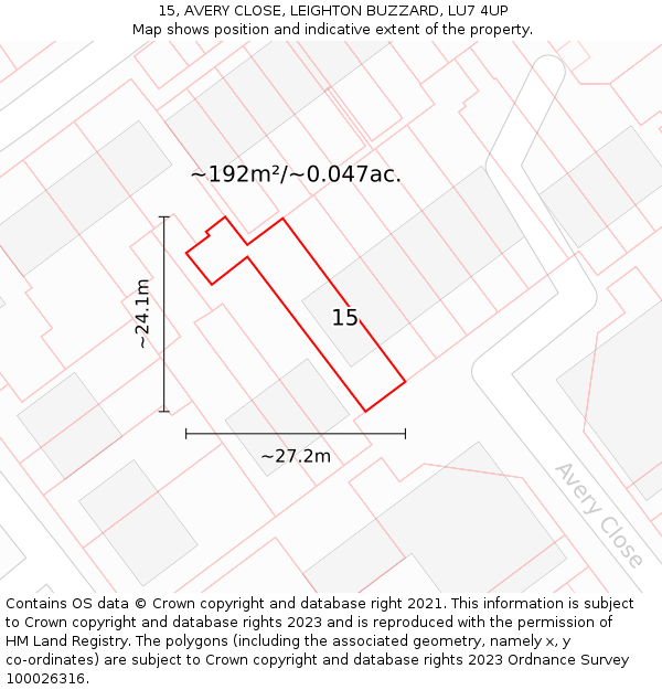 15, AVERY CLOSE, LEIGHTON BUZZARD, LU7 4UP: Plot and title map