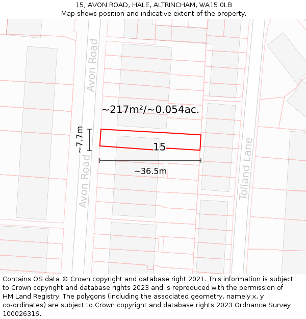 15, AVON ROAD, HALE, ALTRINCHAM, WA15 0LB: Plot and title map