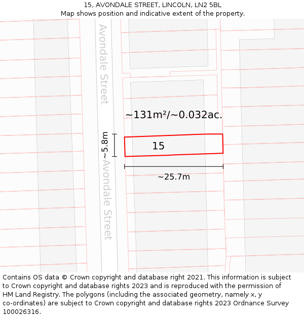 15, AVONDALE STREET, LINCOLN, LN2 5BL: Plot and title map