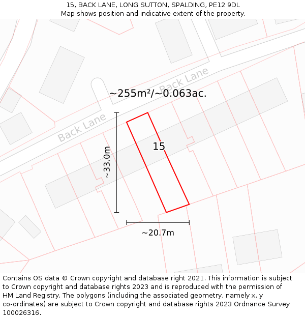15, BACK LANE, LONG SUTTON, SPALDING, PE12 9DL: Plot and title map