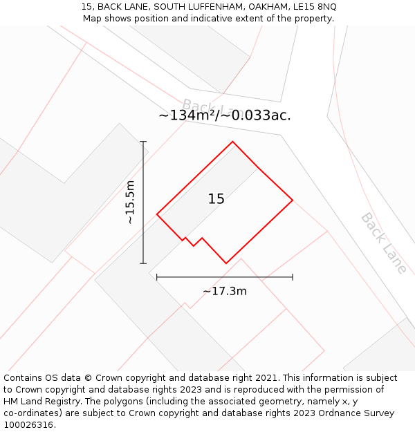 15, BACK LANE, SOUTH LUFFENHAM, OAKHAM, LE15 8NQ: Plot and title map