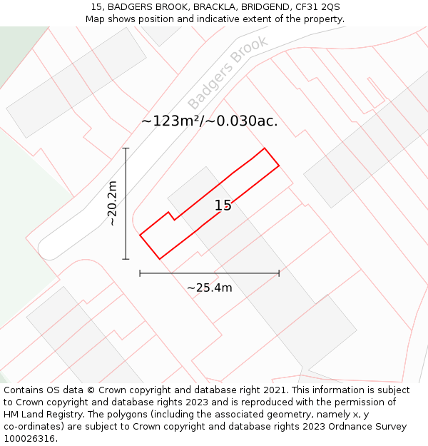 15, BADGERS BROOK, BRACKLA, BRIDGEND, CF31 2QS: Plot and title map
