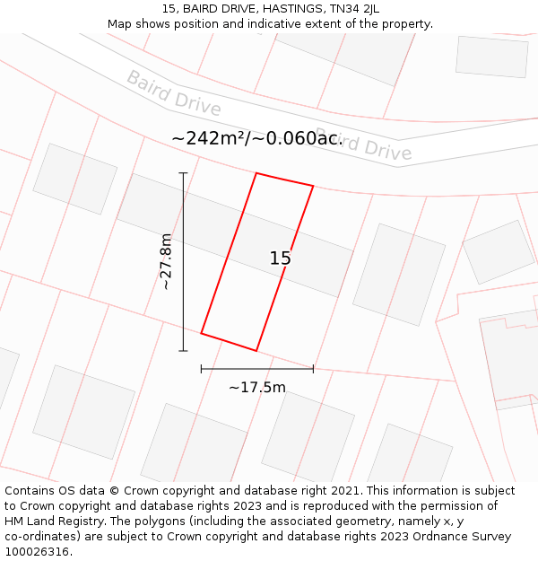 15, BAIRD DRIVE, HASTINGS, TN34 2JL: Plot and title map