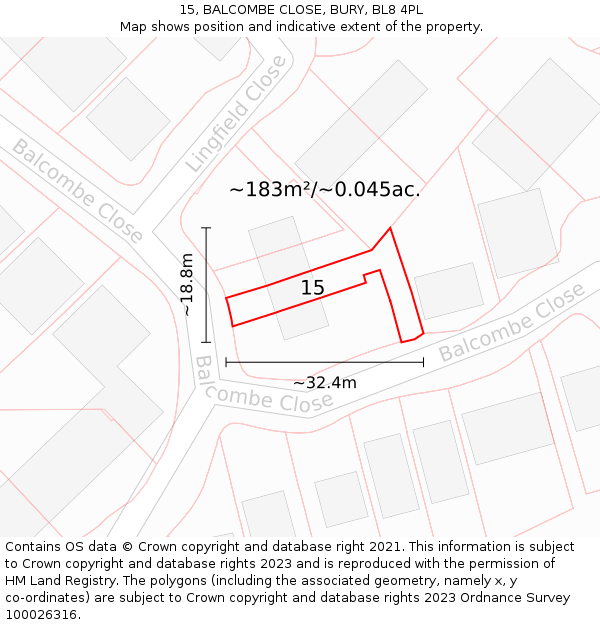 15, BALCOMBE CLOSE, BURY, BL8 4PL: Plot and title map