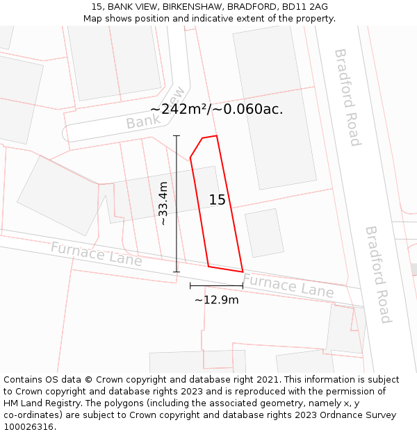 15, BANK VIEW, BIRKENSHAW, BRADFORD, BD11 2AG: Plot and title map