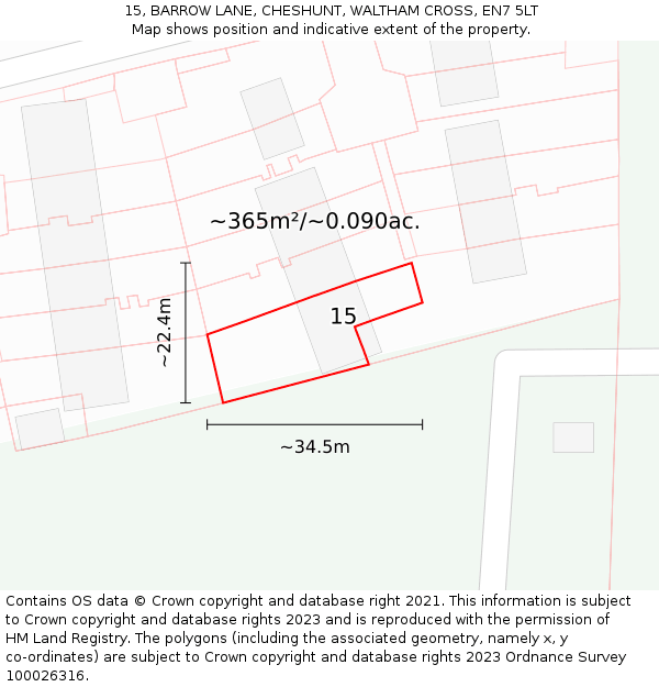 15, BARROW LANE, CHESHUNT, WALTHAM CROSS, EN7 5LT: Plot and title map
