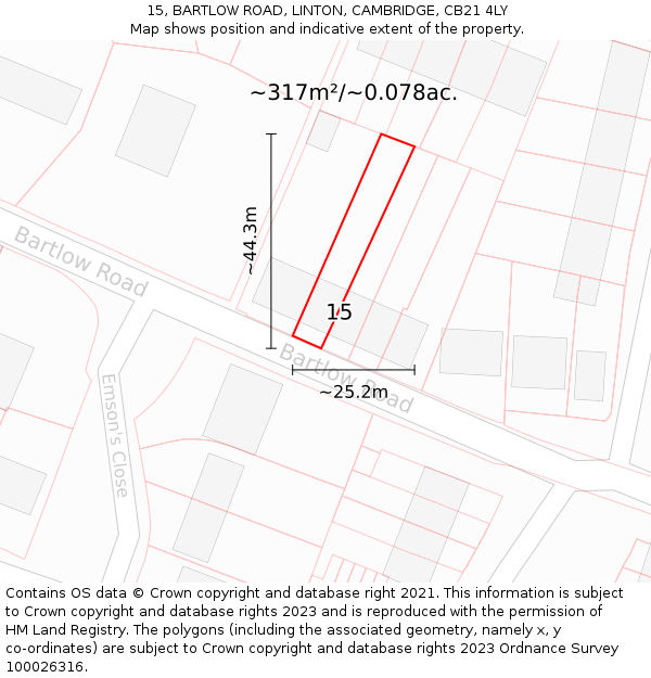 15, BARTLOW ROAD, LINTON, CAMBRIDGE, CB21 4LY: Plot and title map