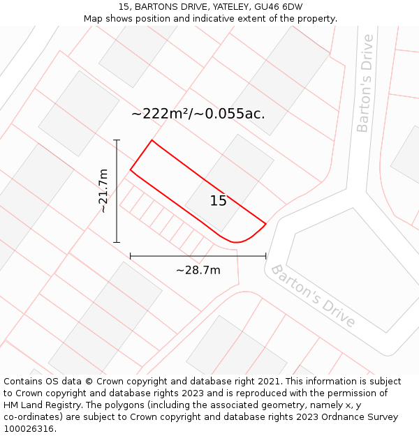 15, BARTONS DRIVE, YATELEY, GU46 6DW: Plot and title map
