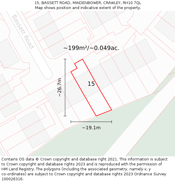 15, BASSETT ROAD, MAIDENBOWER, CRAWLEY, RH10 7QL: Plot and title map
