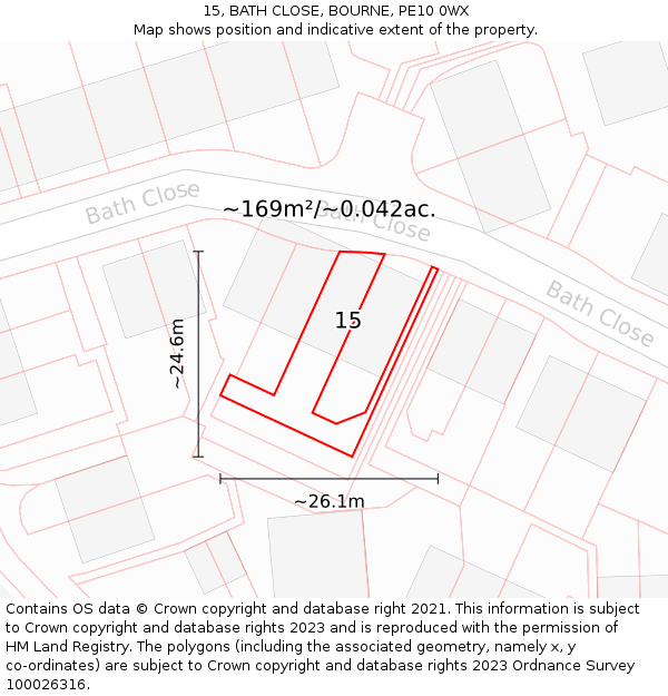 15, BATH CLOSE, BOURNE, PE10 0WX: Plot and title map