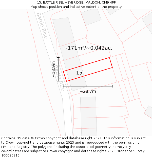 15, BATTLE RISE, HEYBRIDGE, MALDON, CM9 4PF: Plot and title map