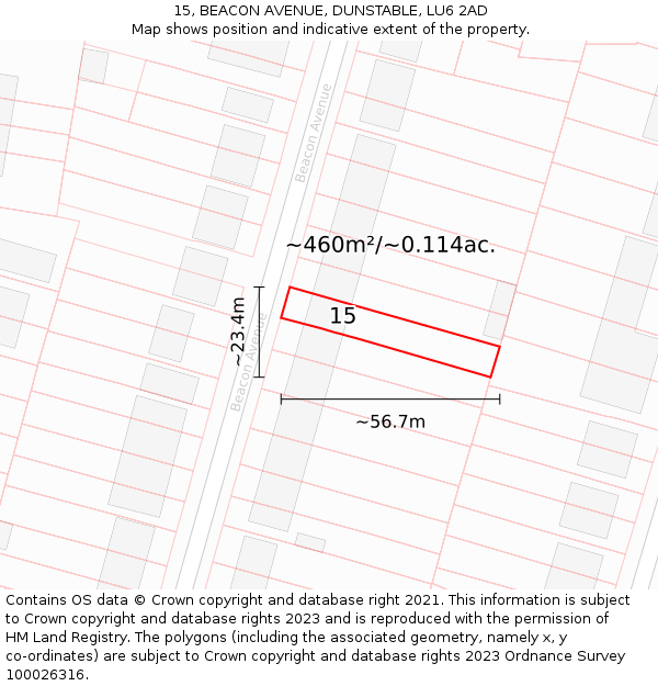 15, BEACON AVENUE, DUNSTABLE, LU6 2AD: Plot and title map