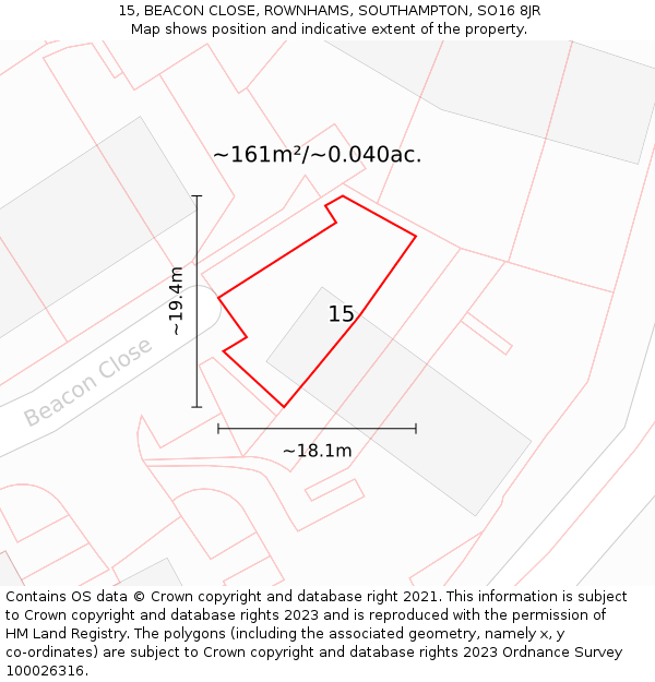 15, BEACON CLOSE, ROWNHAMS, SOUTHAMPTON, SO16 8JR: Plot and title map