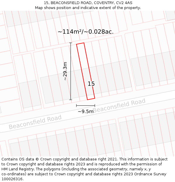 15, BEACONSFIELD ROAD, COVENTRY, CV2 4AS: Plot and title map