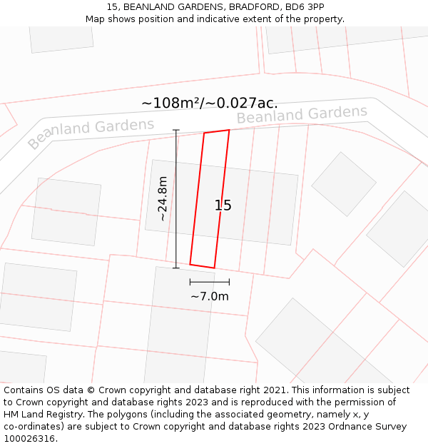 15, BEANLAND GARDENS, BRADFORD, BD6 3PP: Plot and title map