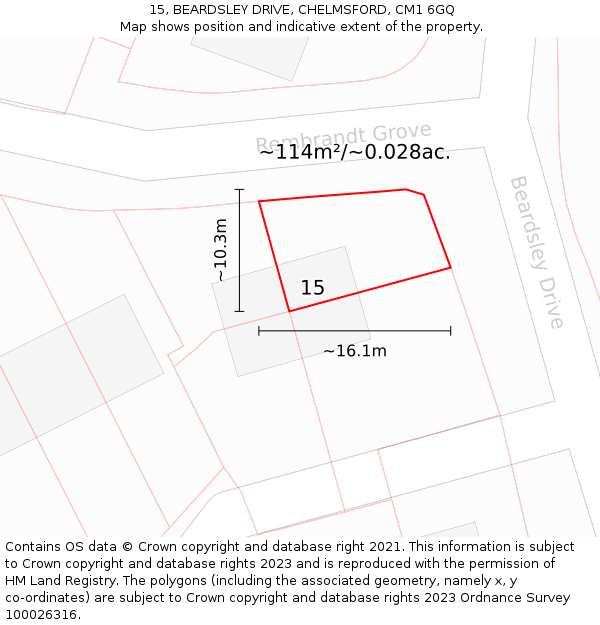 15, BEARDSLEY DRIVE, CHELMSFORD, CM1 6GQ: Plot and title map