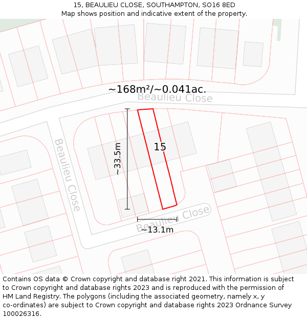15, BEAULIEU CLOSE, SOUTHAMPTON, SO16 8ED: Plot and title map