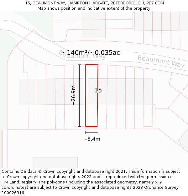 15, BEAUMONT WAY, HAMPTON HARGATE, PETERBOROUGH, PE7 8DN: Plot and title map