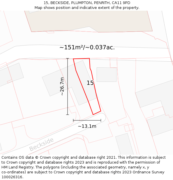 15, BECKSIDE, PLUMPTON, PENRITH, CA11 9PD: Plot and title map