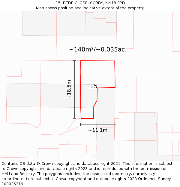 15, BEDE CLOSE, CORBY, NN18 9PD: Plot and title map