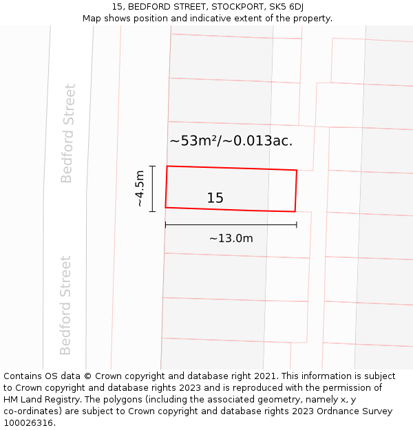 15, BEDFORD STREET, STOCKPORT, SK5 6DJ: Plot and title map