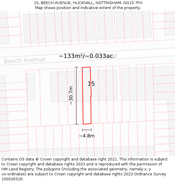 15, BEECH AVENUE, HUCKNALL, NOTTINGHAM, NG15 7FH: Plot and title map