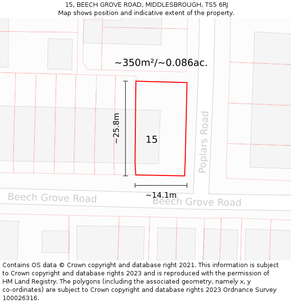 15, BEECH GROVE ROAD, MIDDLESBROUGH, TS5 6RJ: Plot and title map