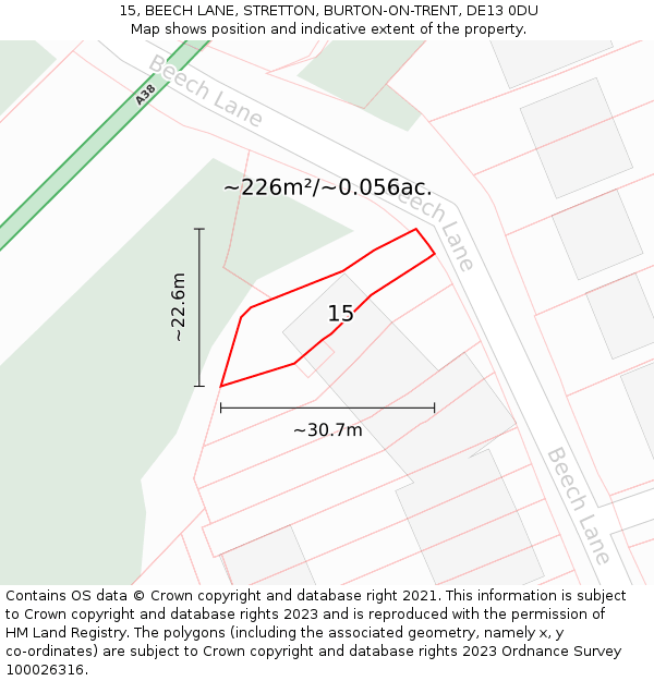 15, BEECH LANE, STRETTON, BURTON-ON-TRENT, DE13 0DU: Plot and title map