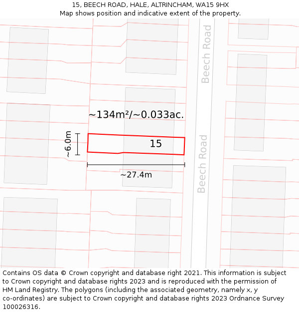 15, BEECH ROAD, HALE, ALTRINCHAM, WA15 9HX: Plot and title map