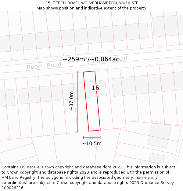 15, BEECH ROAD, WOLVERHAMPTON, WV10 6TP: Plot and title map