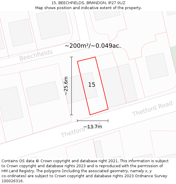 15, BEECHFIELDS, BRANDON, IP27 0UZ: Plot and title map